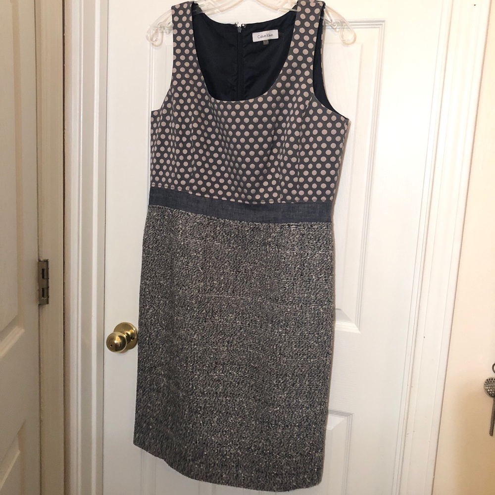 Calvin Klein Slate blue polka dot tweed dress